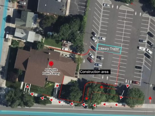 construction directions - Arial view of library building and parking lot