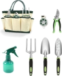 Garden tools with bag and spray bottle