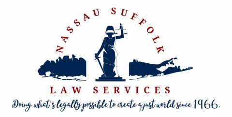 Nassau Suffolk Law Services written around shape of Long Island with Lady Justice in the center