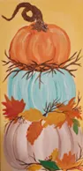 A painting of three pumpkins of different colors on top of one another with an orange background.