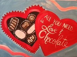 Painting of box of chocolates with "All You Need is Love & Chocolate" written on the top.