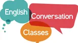 "English Conversation Classes" in word bubbles.