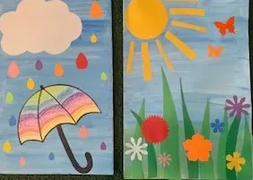 White cloud with umbrella and sun with flowers and butterfly