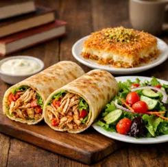 Image of shredded chicken, sumac and sauteed onions in filo dough with Middle Eastern salad and Kunafa dessert.