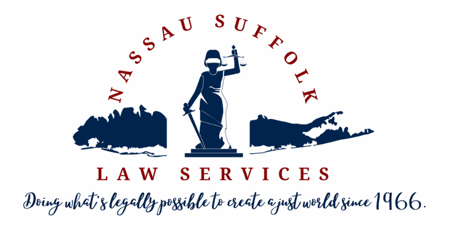 Nassau Suffolk Law Services written around shape of Long Island with Lady Justice in the center