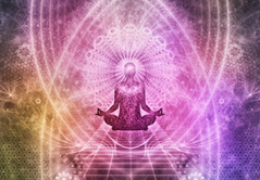 A figure meditating surrounded by pink aura.