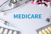Medicare in blue letters with pills and medical equipment