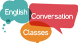 "English Conversation Classes" in word bubbles.