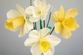 Crepe paper daffodils in yellow and white.