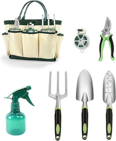 Garden tools with bag and spray bottle