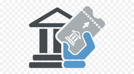 Hand holding ticket in front of museum building